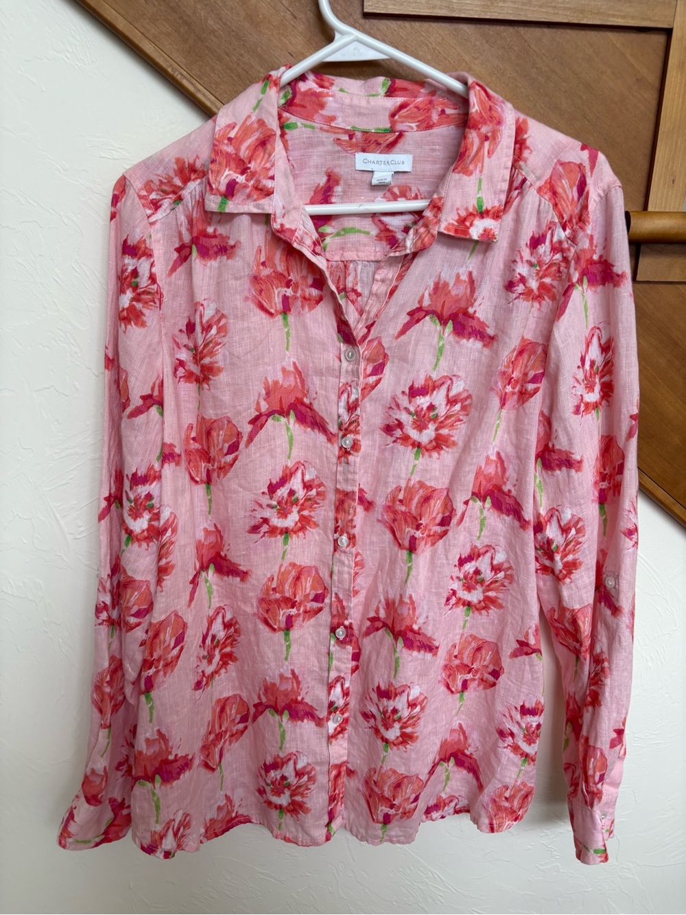 Beautiful Charter Club Pink & Red Linen Floral Poppies Button-Up Shirt - Picture 10 of 11